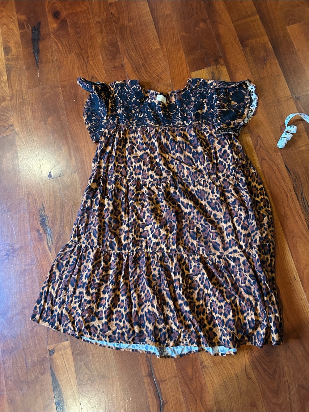 Girls Leopard Print Tiered Dress with Ruffle Sleeves - Brown/Black